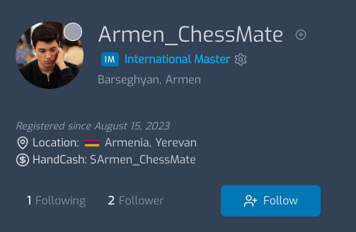PowChess's tweet photo. We can confirm the first FIDE International Master who registered on PowChess! 🎉

Give Armen a warm welcome. His @handcashapp handle is $armen_chessmate https://t.co/MyP3UCVI68