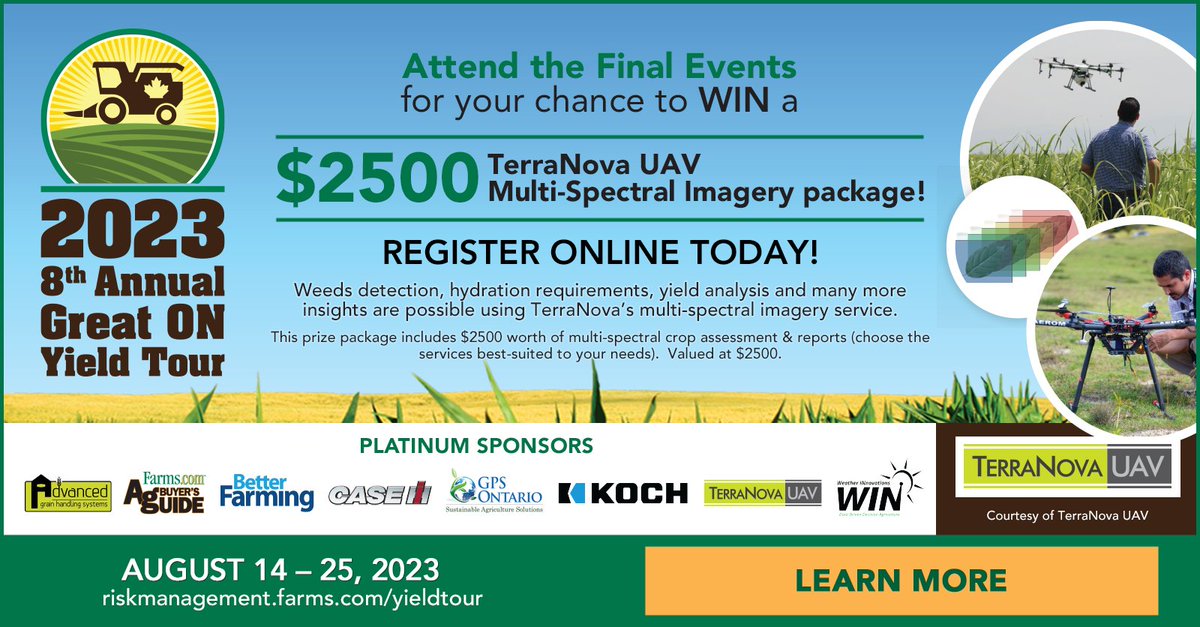 Registered for #ONYield23 Final Event in Chesterville, Ontario?
Luckily, there's still time! ⌛️
Deadline: August 22 📅
Register: riskmanagement.farms.com/events/ontario…
✓ WIN BIG — $6,600 in prizes

✓ Gain valuable insights
✓ Guest speakers <a href="/BryceGeisel/">Bryce Geisel</a> &amp; <a href="/TimLaatsch/">Tim Laatsch🇺🇸</a>
#OntAg #Crops