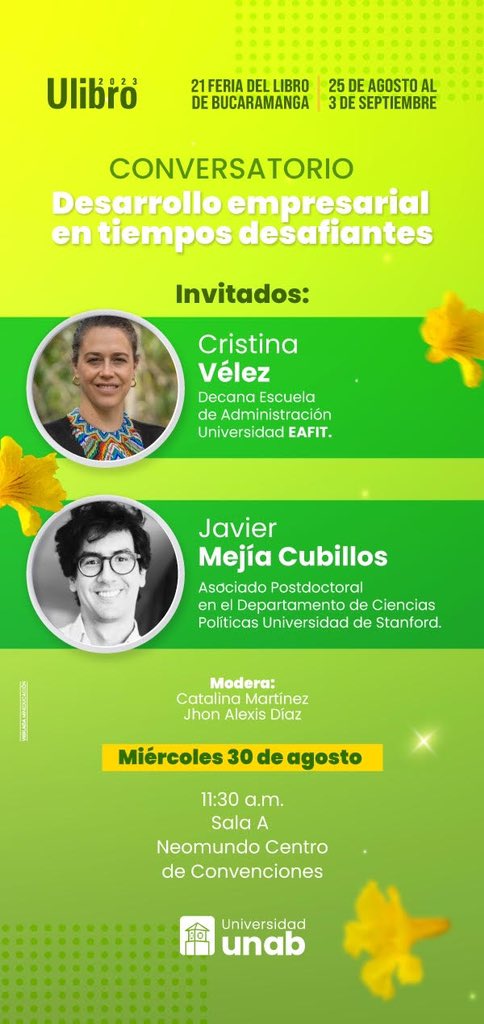 Economía Unab (@economiaunab) on Twitter photo Ya se acerca nuestro <a href="/Ulibro/">Ulibro</a>
Agéndate a este conversatorio con <a href="/CristinaVelezV/">Cristina Vélez</a> y <a href="/JavierMejiaC/">Javier Mejia</a> Ya se acerca nuestro <a href="/Ulibro/">Ulibro</a>
Agéndate a este conversatorio con <a href="/CristinaVelezV/">Cristina Vélez</a> y <a href="/JavierMejiaC/">Javier Mejia</a>