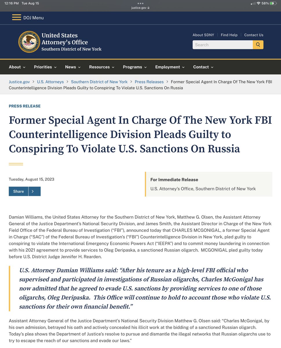 jimstewartson's tweet photo. Charles McGonigal was head of counterintelligence @NewYorkFBI when Mike Flynn and Erik Prince manufactured false claims against Hillary Clinton causing @Comey to reopen “her emails.”

He’s pleading guilty to violating sanctions on Russia.
He’d better be singing about everything he knows. 🧐
https://t.co/LRo0PRhJZd