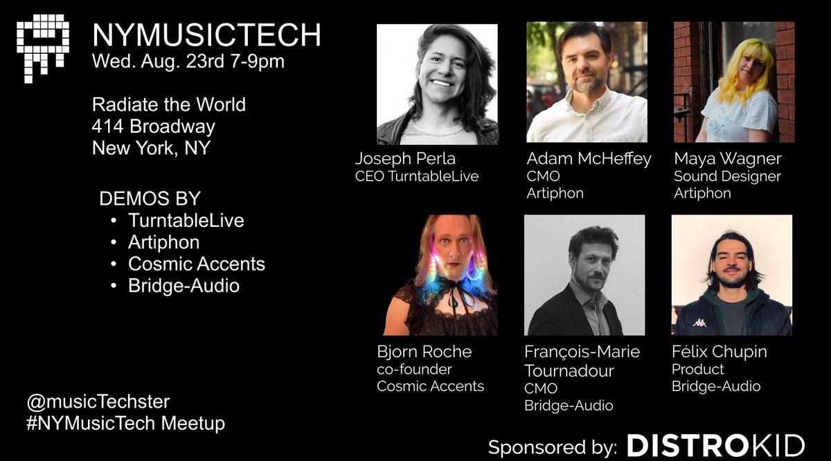 musicTechster's tweet photo. next week! Demos by @turntablettlive @Artiphon @cosmicaccents @getbridgeaudio 

sponsored by @DistroKid 
generous host: @RadiateTheWorld https://t.co/oBfyQ58IFT