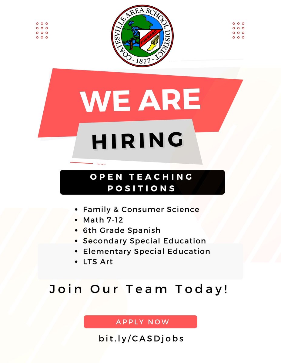 CASD is hiring! Apply at bit.ly/casdjobs today!