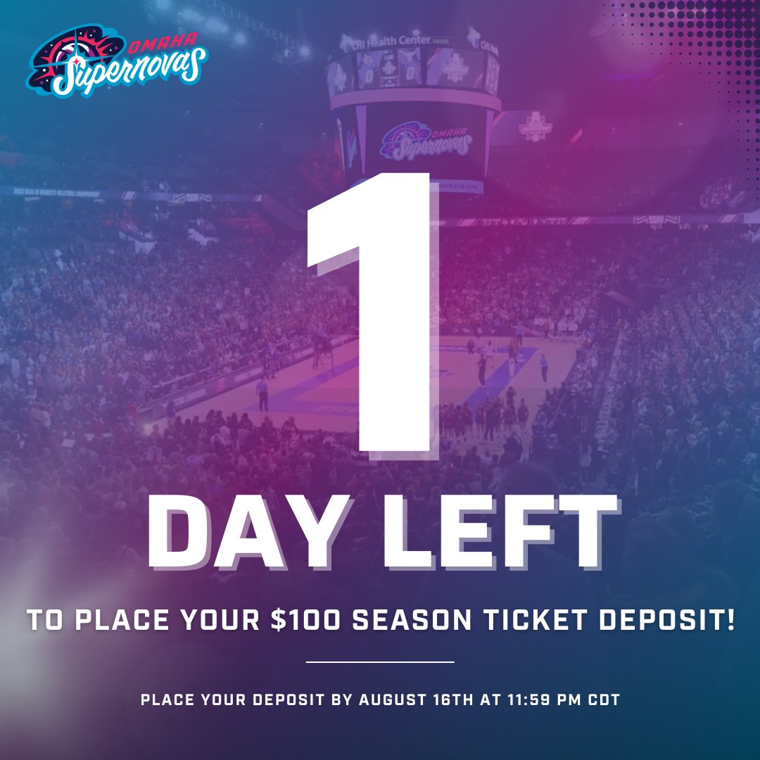 OmahaSupernovas's tweet image. @omahasupernovas fans, you only have 1 DAY left to place your season ticket deposit! ✨

Place your season ticket deposit TODAY to get priority seat selection in the CHI Health Center. 🎟️ ⬇️
fevogm.com/event/Nebraska…

#OurTime #OmahaSupernovas #NeProVb #RealProVb #WomensProVb