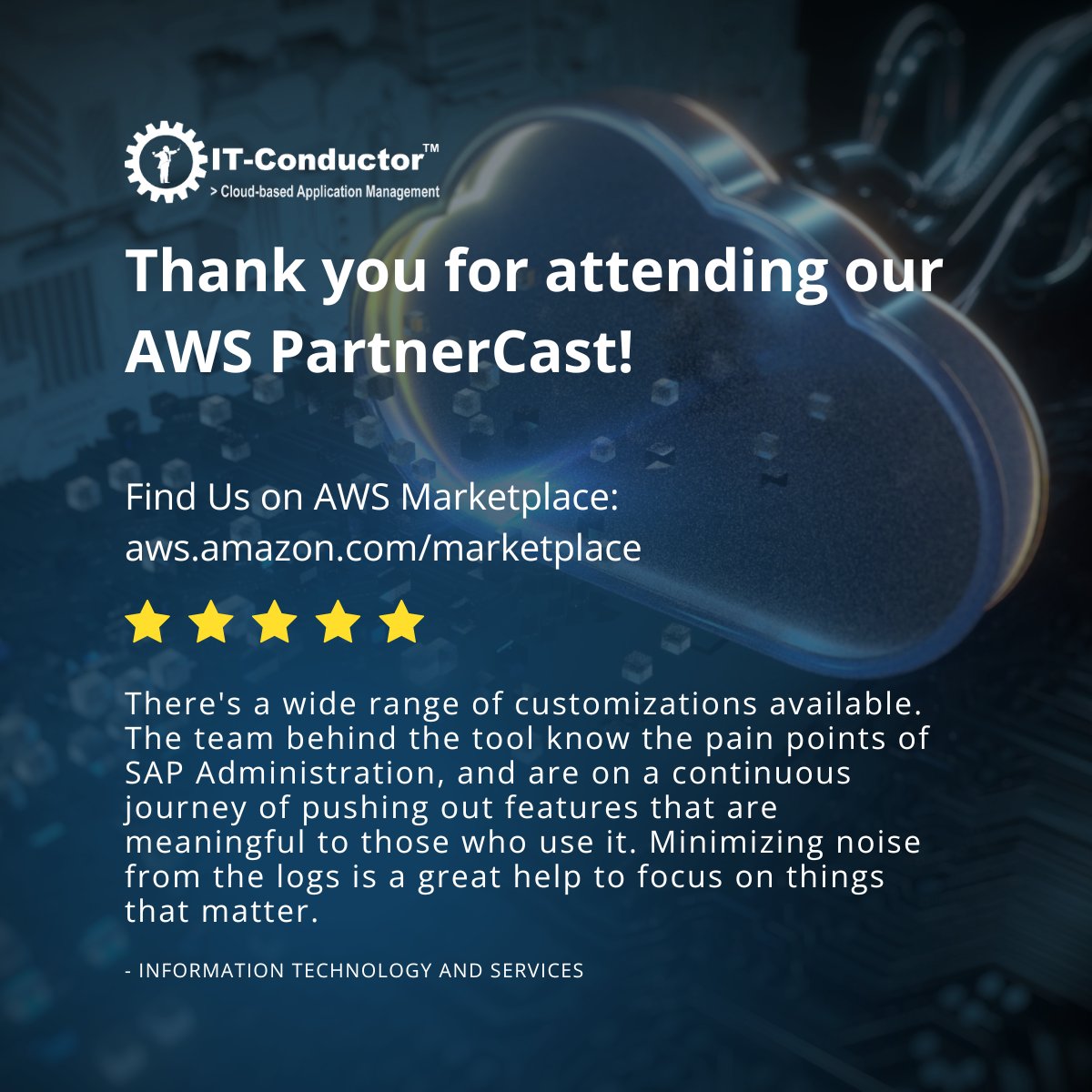 ITConductor's tweet image. A heartfelt thank you to all attendees for joining us in our #AWSPartnercast #SAPonAWS session today!
For those who couldn't make it, there's still a chance to catch up.😉
↓ Fill out our survey to receive more info directly via email:
bit.ly/3OCDnQx