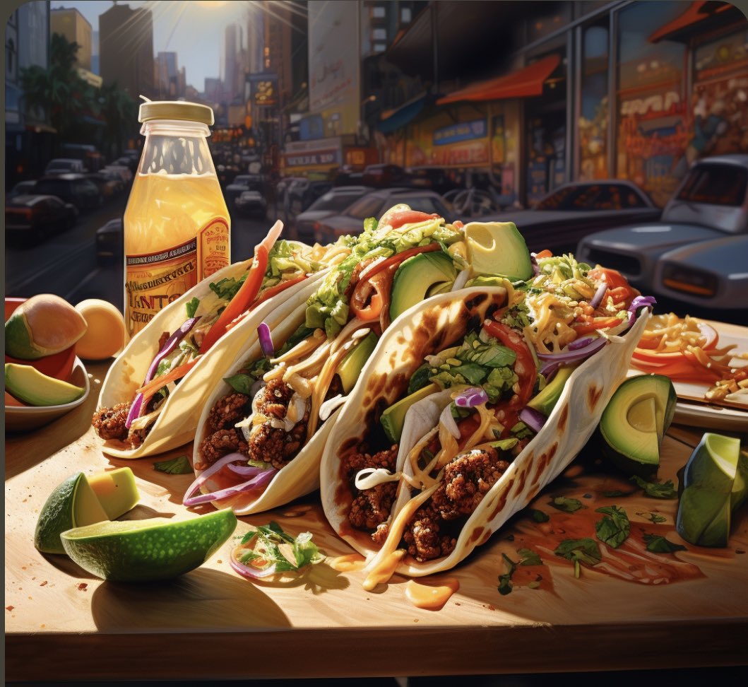 Flawlessvip's tweet photo. Taco Tuesday y’all hope your having a great day …. Some Ai action for today … this is what Ai thought taco Tuesday should look like …. I agree !!! Now I’m hungry!!!! 🤷🏻‍♂️🌮🌮🇺🇸 #DonaldTrump #taco #TacoTueaday #bossdesigns #ai #AIart #AIArtwork #food https://t.co/6T876rWS7Z