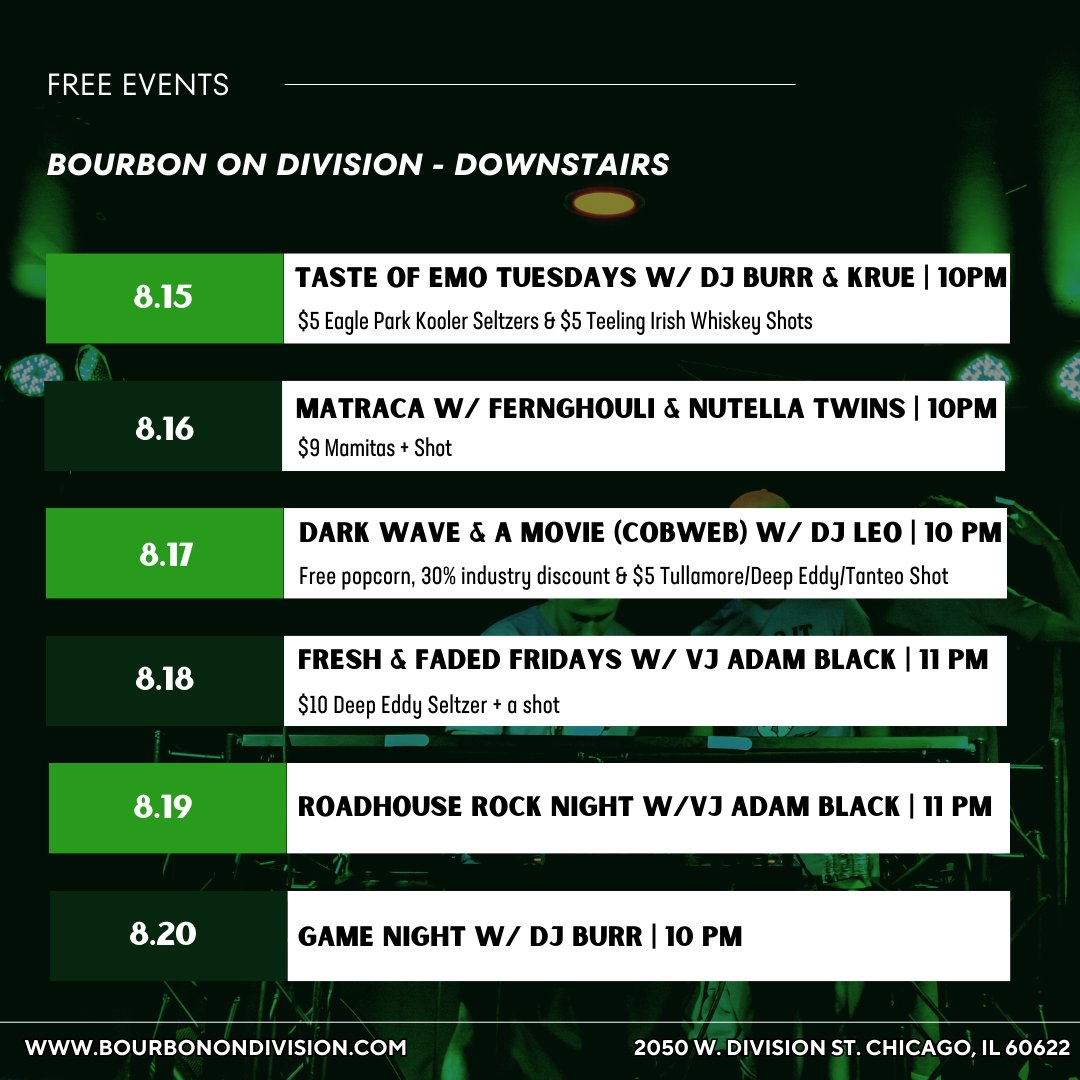 BourbonChicago's tweet photo. 🎉This Week at Bourbon on Division Presents!🎉
Join the Summertime Chi party at Bourbon on Division &amp; @ChicagoPoint w/ @TriptonicSounds, @mamicanadj, @deejaymochi &amp; more!🥳 We even got some free events for ya at BoD!😎 Slide thru!

🎟️: https://t.co/UTjcKyibTS https://t.co/rUPZ162bpr