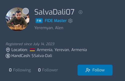 And the next one.
Alen is already playing on PowChess for over a month. Now we verified his identity and his official FIDE Master title.

His <a href="/handcashapp/">Handcash</a> is $salva-dali