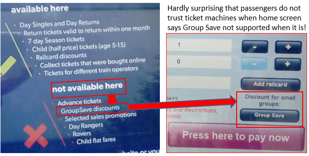 Railfuture Passenger (railfuture.org.uk) (@railfuturepsngr) on Twitter photo The rail industry really does shoot itself in the foot, sometimes.
The <a href="/RailDeliveryGrp/">Rail Delivery Group</a> wants more people to use TVMs, yet 'home page' on <a href="/GNRailUK/">Great Northern</a> machines says they do not sell Group Save when they do.
<a href="/Railfuture/">Railfuture</a> spotted this in 2017 - six years ago - and posted an image... The rail industry really does shoot itself in the foot, sometimes.
The <a href="/RailDeliveryGrp/">Rail Delivery Group</a> wants more people to use TVMs, yet 'home page' on <a href="/GNRailUK/">Great Northern</a> machines says they do not sell Group Save when they do.
<a href="/Railfuture/">Railfuture</a> spotted this in 2017 - six years ago - and posted an image...