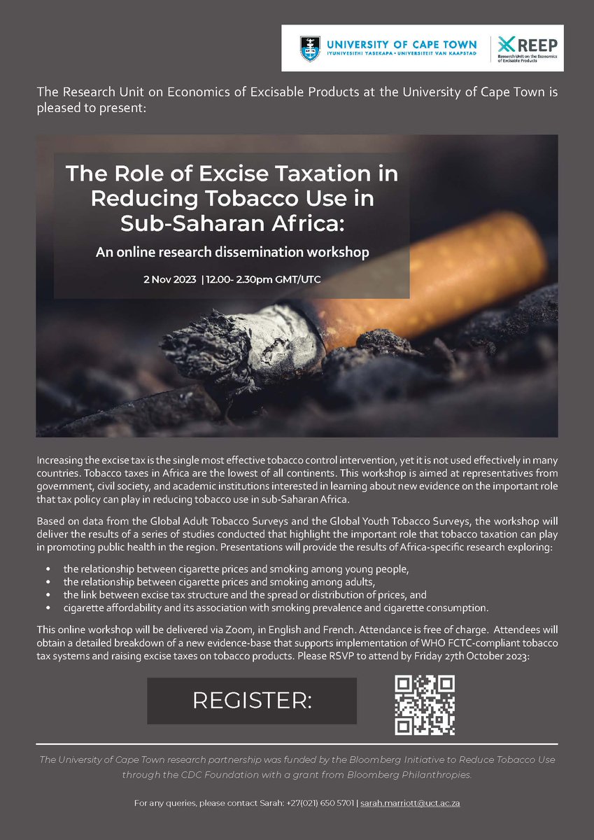 🖥️WEBINAR: The Role of Excise Taxation in Reducing Tobacco Use in Sub-Saharan Africa

2 Nov 2023 | 12-2.30pm GMT/UTC

Join this research workshop highlighting the role tobacco taxation can play in promoting public health in the region by registering here: 
tinyurl.com/ynvmbkwj