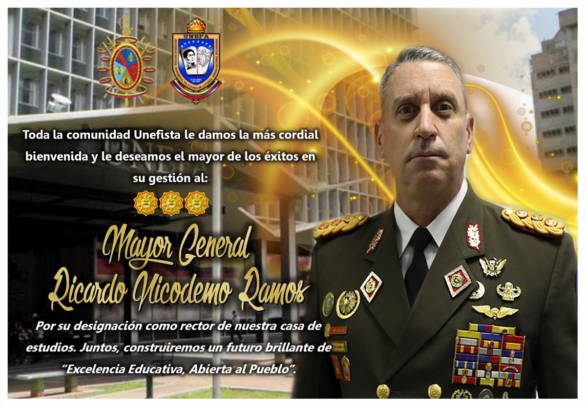 Unefa_VEN's tweet photo. 📢 La UNEFA 🎓 da una cálida bienvenida al MG Ricardo Nicodemo Ramos, quien asume como Rector de nuestra Universidad.
Le deseamos mucho éxito en su gestión y le aseguramos nuestro total compromiso y apoyo para seguir creciendo y desarrollándonos juntos. #DesarrolloUniversitario https://t.co/g7tSn6Itsa