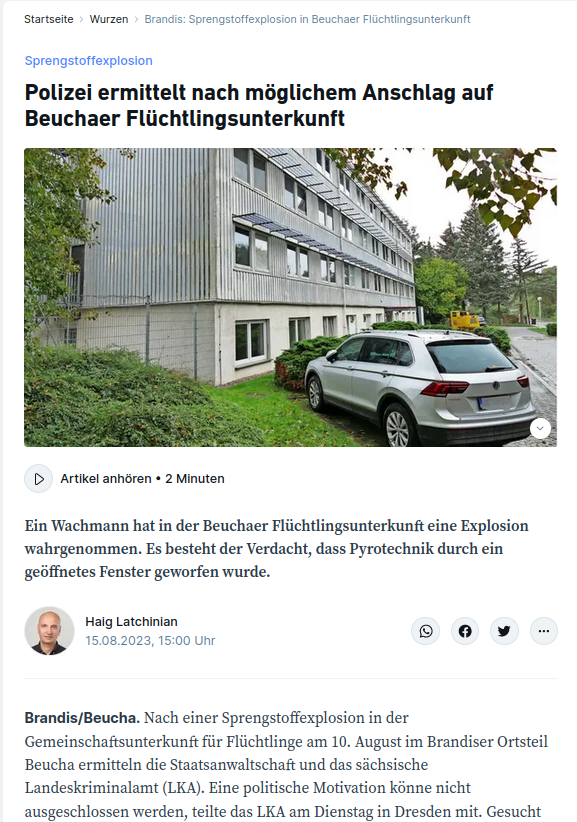 AfaNord's tweet photo. In #Beucha / #Leipzig warfen Unbekannte Pyrotechnik durch offene Fenster einer Unterkunft für #Geflüchtete. 2 Bewohner blieben bei der #Sprengstoffexplosion im Raum unverletzt. Eine politisch motivierter #Anschlag wird nicht ausgeschlossen.
#RefugeesWelcome #Sachsen #Rassismus https://t.co/rx8yrkAGdm