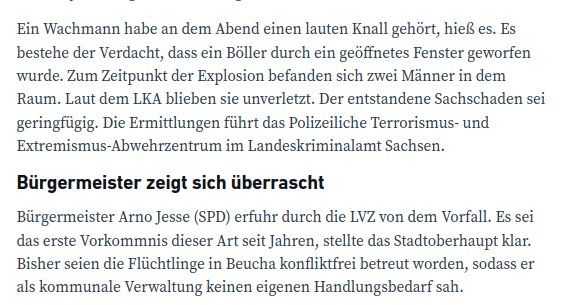 AfaNord's tweet photo. In #Beucha / #Leipzig warfen Unbekannte Pyrotechnik durch offene Fenster einer Unterkunft für #Geflüchtete. 2 Bewohner blieben bei der #Sprengstoffexplosion im Raum unverletzt. Eine politisch motivierter #Anschlag wird nicht ausgeschlossen.
#RefugeesWelcome #Sachsen #Rassismus https://t.co/rx8yrkAGdm