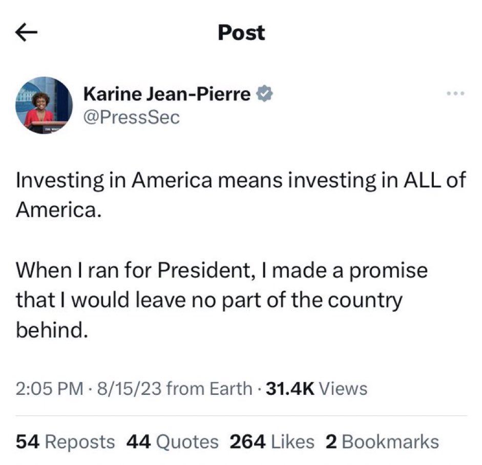 KJP just tweeted a post meant for Joe Biden. 

These people couldn't run a lemonade stand.