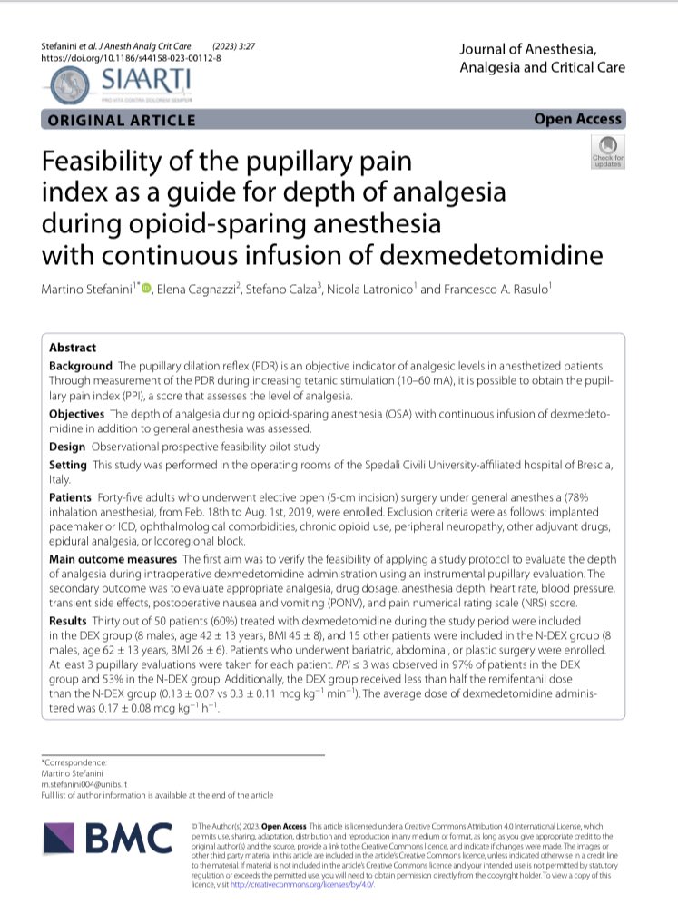 • Pupillary pain index is an objective measure of analgesic level in anesthetized patients. 
• A constant rate infusion of Dex, as an adjuvant during anesthesia, may improve analgesia.
• Use of pupillometry may help reduce opioid administration and maintain adequate analgesia