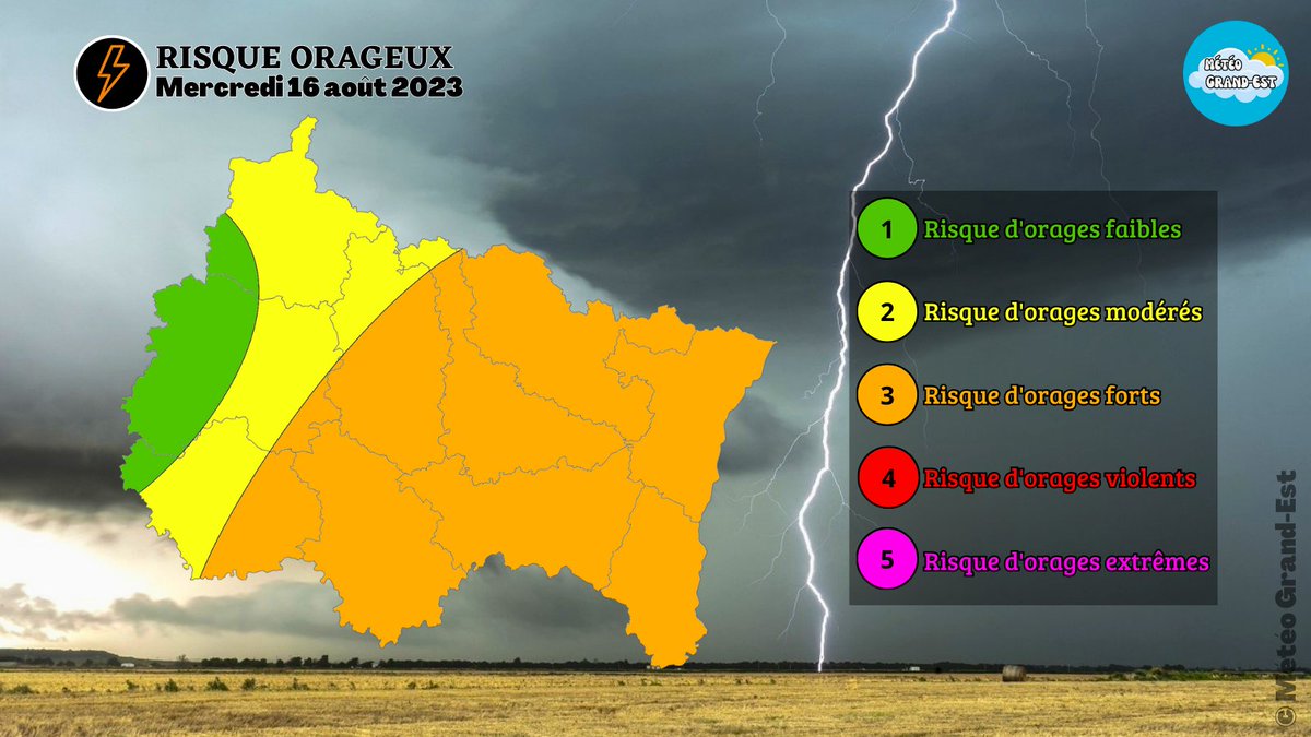⛈️ - #Orages : De nouveaux orages forts éclateront ce mercredi après-midi sur le #GrandEst.
Ils seront accompagnés de fortes pluies, de fortes rafales de vent et de grêle.