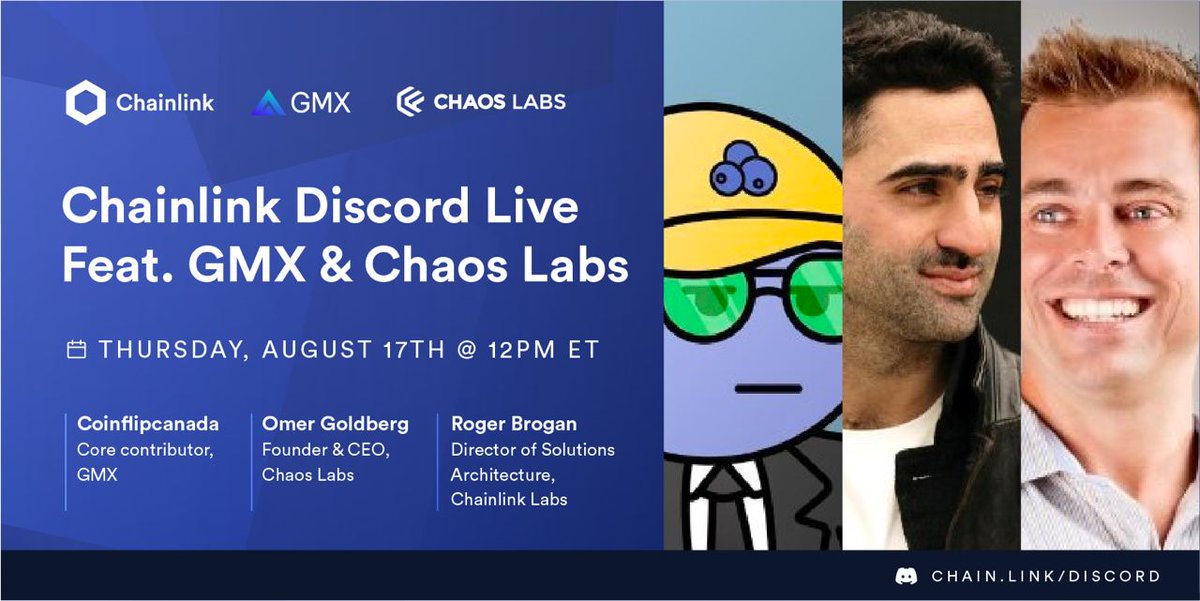 chaoslabs's tweet photo. Make sure you attend the @Chainlink Discord Live on 8/17 @ 12PM to learn about #DeFi risk and GMX v2 🫐

Hear Chaos Labs’ @omeragoldberg in discussion with @GMX_IO’s @coinflipcanada and @ChainlinkLabs’ Roger Brogan.

Tune in 8/17 @ 12PM 🎧🫐⬇️
https://t.co/hwa9OsIioG https://t.co/fTLz0NUqLu