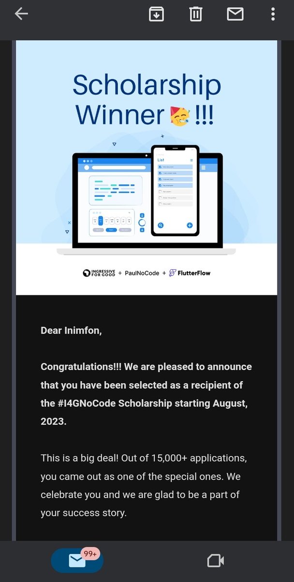 inimfon_frank's tweet photo. I just won the #I4GNoCode Scholarship.
I'll be embarking on a journey to learn and build a career in tech with @ingressive4Good @paul_okoduwa and @flutterflow.io https://t.co/1GBrJ93QfB
