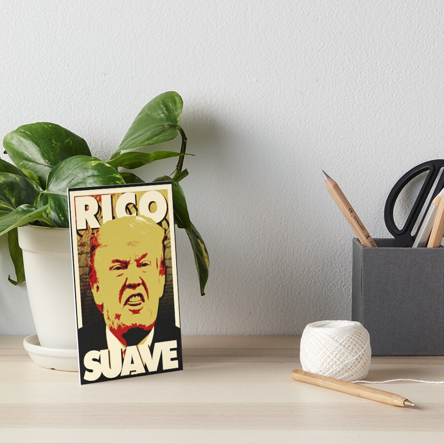 MachineAgeInc's tweet photo. We have a new design! This one's called RICO Suave, to commemorate both Ecuadorian rapper Gerardo's 1990 hit single, and Donald J Trump's 2023 RICO charges. Two great tastes, together!  Link in thread! https://t.co/2QlZu0sGah