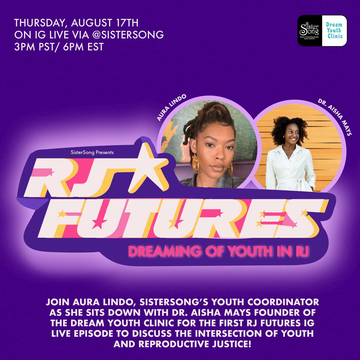 JOIN US!!! Thursday August 17th 3pPST/6pEST as <a href="/SisterSong_WOC/">SisterSong: National Women of Color RJ Collective</a> #youthcoordinator #AuraLindo &amp; I go #LIVE about all things #reproductivejustice + #youth! Hear about the power of #youthleadership in the #RJ movement and #intergenerational synergy! <a href="/DreamYouthh/">Dream Youth Clinic</a> @YouthRepro <a href="/prhdocs/">@prhdocs.bsky.social</a>