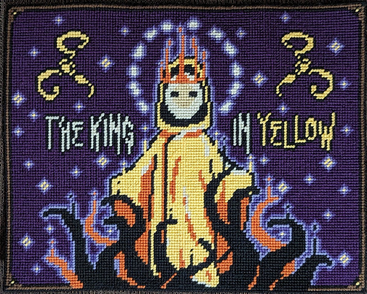 It is done. Two weeks. Yarn on plastic canvas. 
[#hastur #kiy #kinginyellow #malevolent]