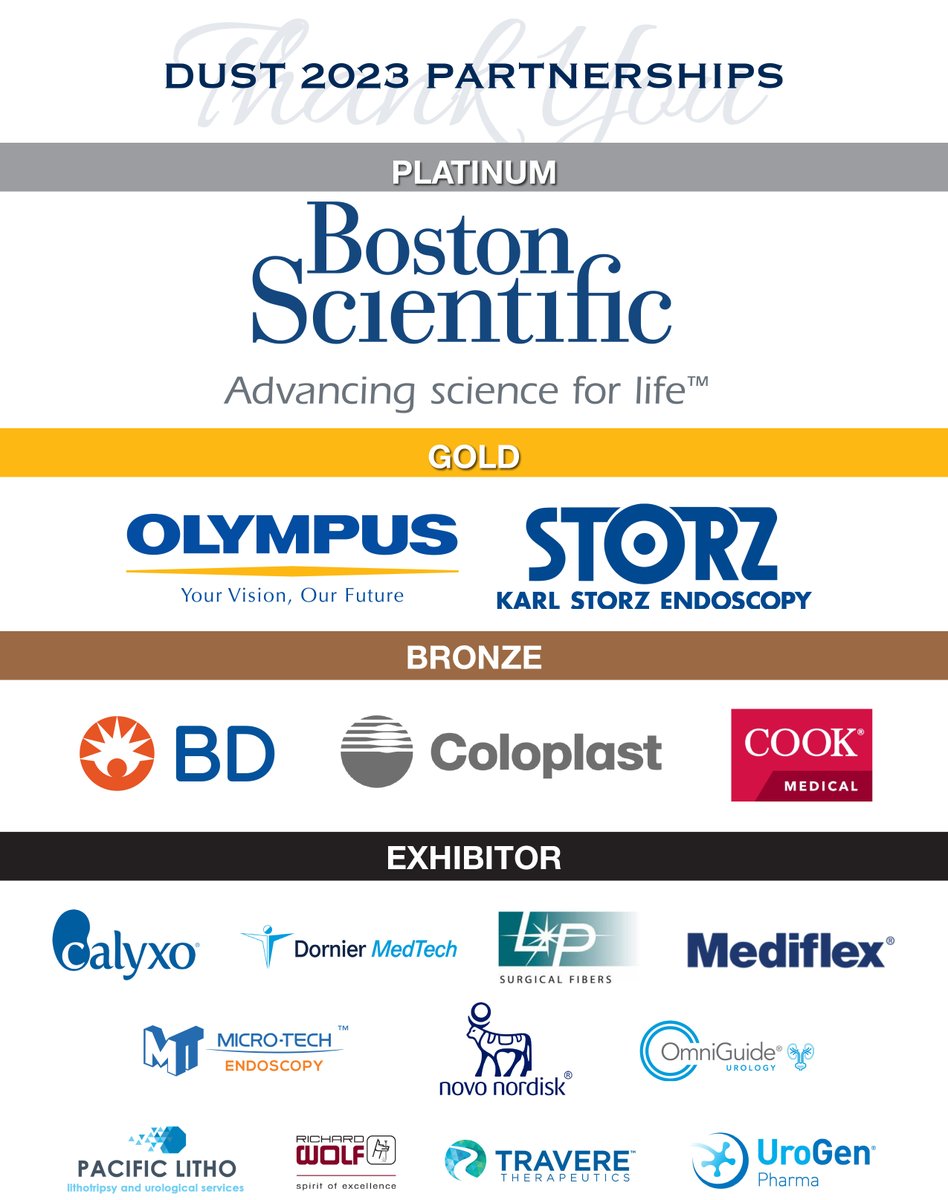 A big thank you to all of our Industry Partners for your incredible support at #DUST23! @amcveritas, @bsc_urology, @Olympus_Corp, KARL STORZ, @BDandCo, @Coloplast_MD, @CookMedical, Laser Peripherals Surgical Fibers, and @TravereRare #DUSTCME