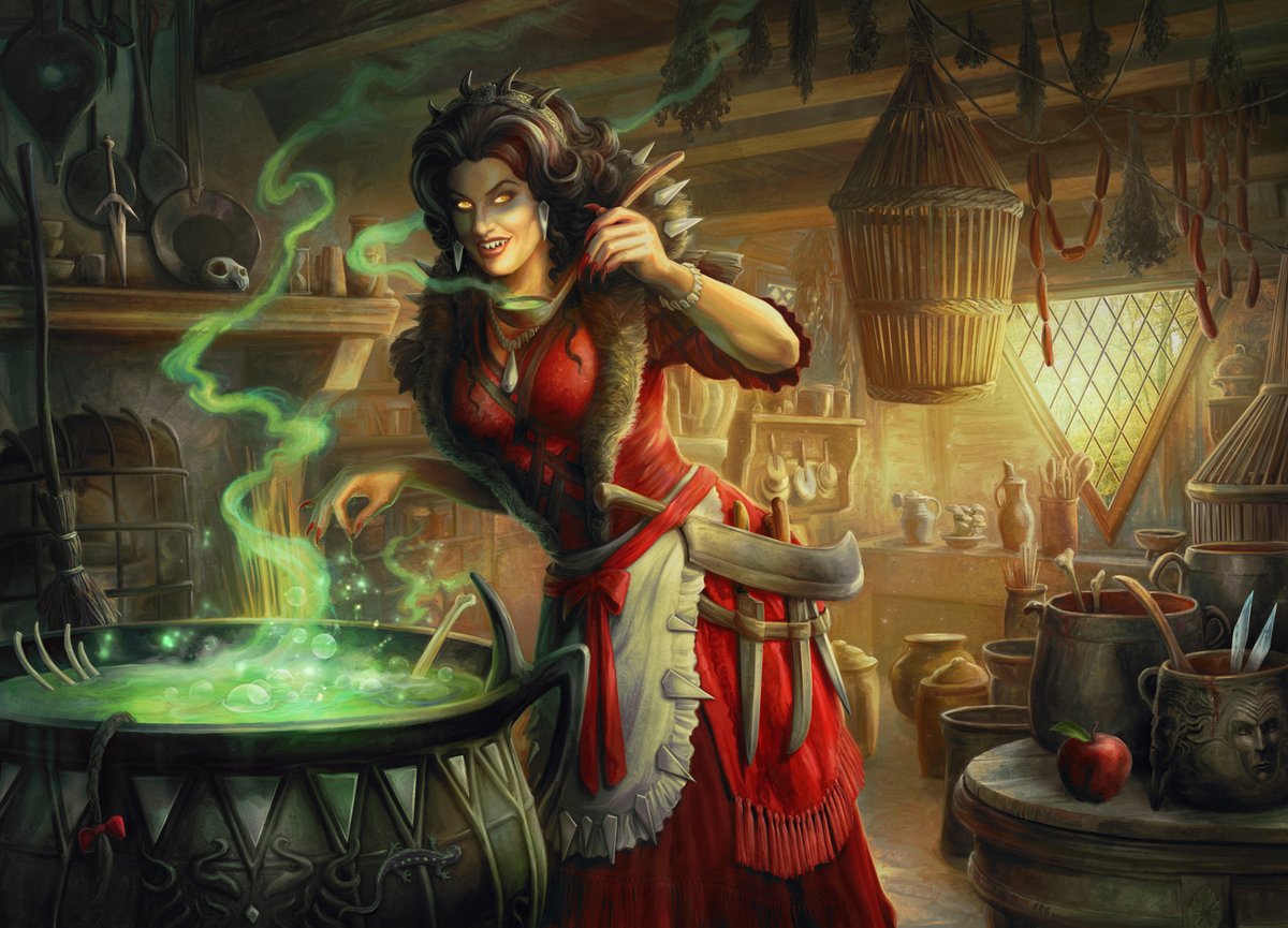 Agatha of the Vile Cauldron, my new work for MTG Wilds of Eldraine. One of the 3 witch queens of the Wilds, she has a very specialized diet, it's not high in healthy veggies, mostly protein and low in mercy. I'm still recovering from doing all the background detail. #MTGEldraine