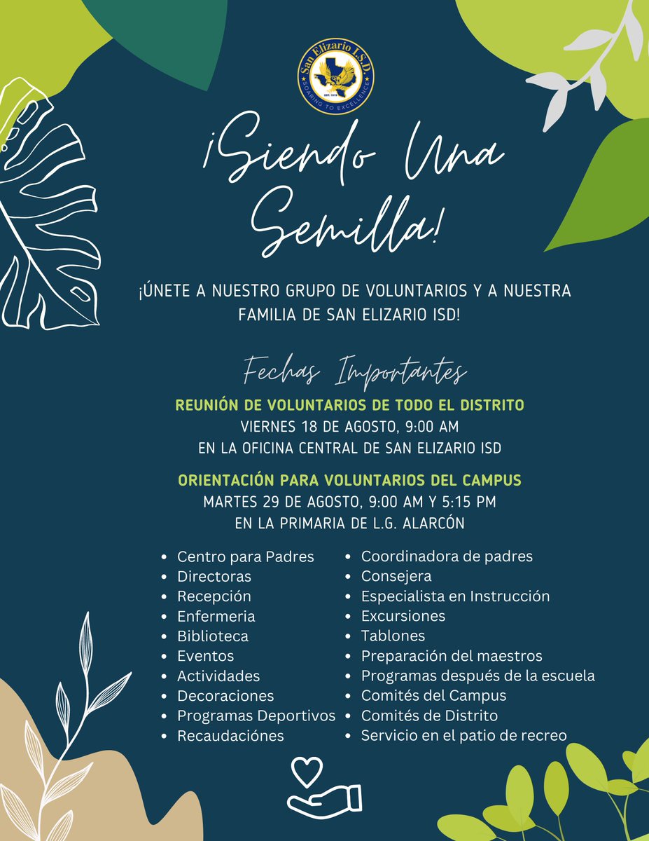 janetnatividad_'s tweet photo. Be a seed 🌱 and flourish in your family, school, district, and community! Looking for VOLUNTEERS for this 2023-2024 year! Save the dates 📆 #BeASeed #VolunteersNeeded #Here2Serve #PFE #ElCorazónDeSanElizarioISD 💙 @LettydeSantos1 @MsLorenaRobles @SEISDpliaison https://t.co/r63MLQYKKb
