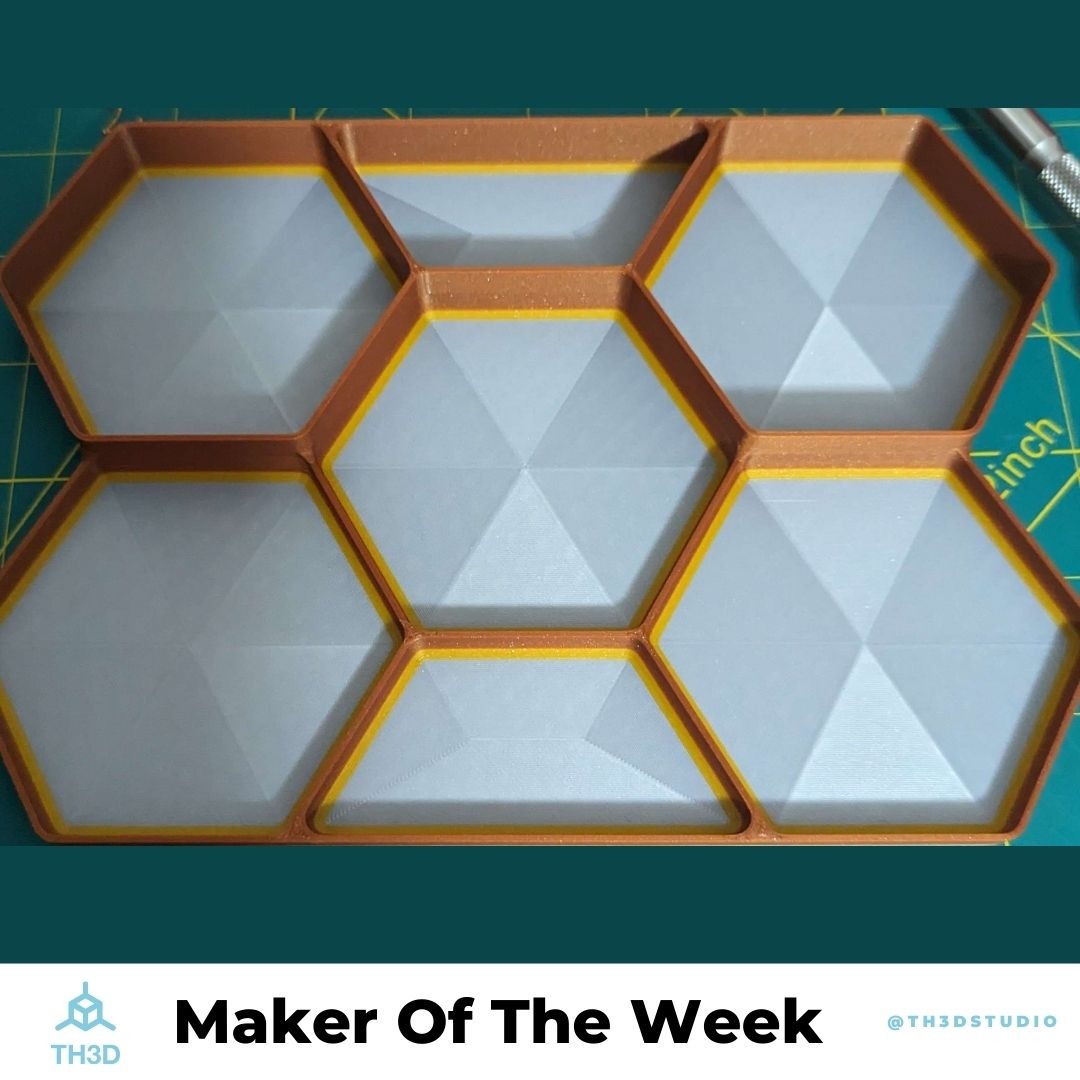 TH3DStudio's tweet photo. π Applauding our Discord user Apulo πβ¨ Your stunning Hexagon Part Prints Tray crafted on the Bambu X1-C using Polymaker Metallic PLA is pure genius! ππ₯ Keep shining with your golden touch! ππ #MakerOfTheWeek #TH3DStudio https://t.co/I5N5JCISy3
