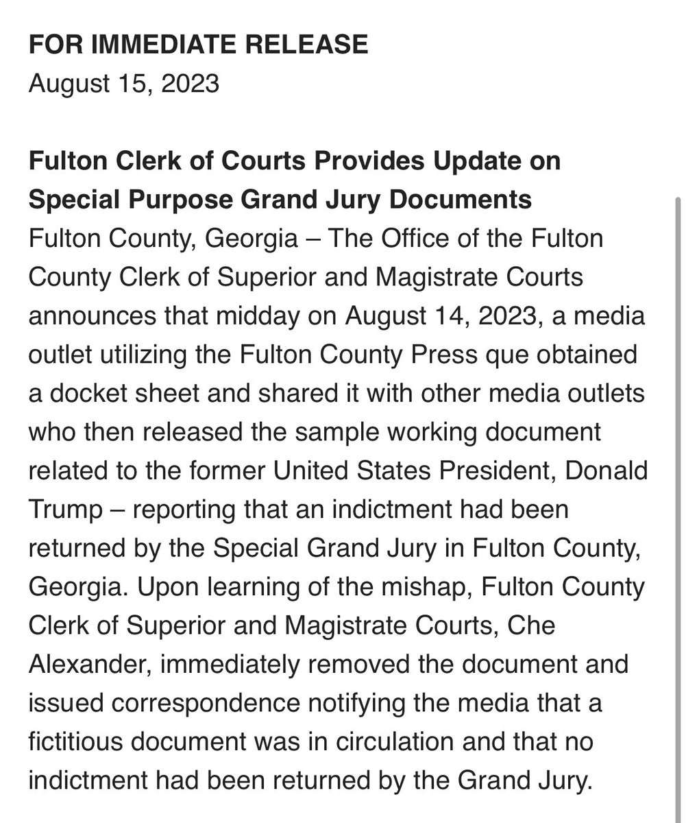 Fulton County clerk says the document Reuters got from their website yesterday was a “sample working document” and calls it a “mishap”. Yesterday, they called it “fictitious.”