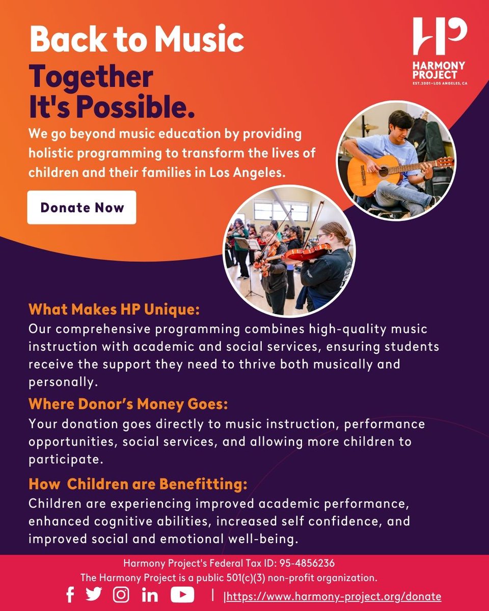 HarmonyProject's tweet photo. The new school year is here! 🤗 It's #BackToMusic! 🎶 Since we offer year round programming at no cost to our students, thanks to our donors/supporters, programming has never stopped at Harmony Project.  Hit the link in our bio to contribute to our mission. 🔗 Every bit counts 🧡 https://t.co/tWRf4owYS9