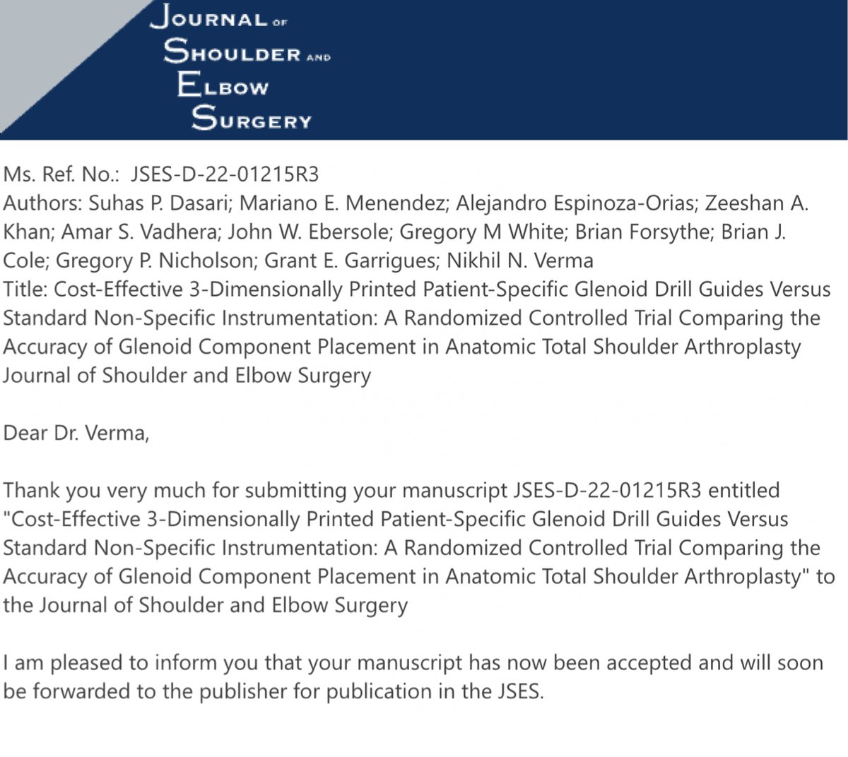 Nikhil N. Verma, MD (@drnikhilverma) on Twitter photo Excited to share one of our passion projects on in-house, 3D-printed PSI guides for TSA! <a href="/JsesFamily/">JSES Family of Journals</a>
We showed more accurate glenoid component positioning vs. freehand in a Level 1 study.
Always cool to have an idea implemented into clinical practice and find out it works! Excited to share one of our passion projects on in-house, 3D-printed PSI guides for TSA! <a href="/JsesFamily/">JSES Family of Journals</a>
We showed more accurate glenoid component positioning vs. freehand in a Level 1 study.
Always cool to have an idea implemented into clinical practice and find out it works!