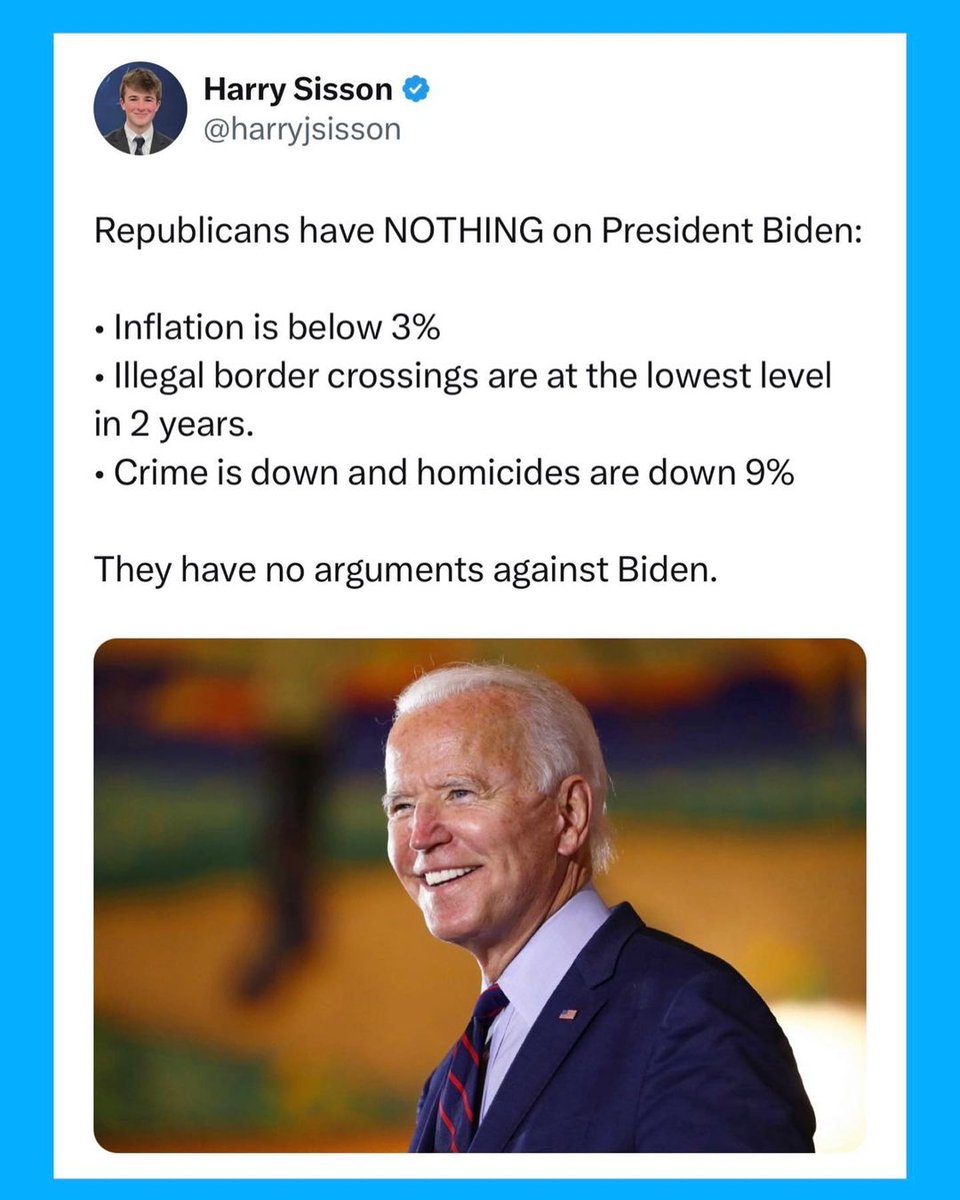 Irrefutable REPORT: Republicans have nothing on President Joe Biden. Illegal border crossings are down 70%. The economy is growing faster than all our competitors, including China, and President Biden has created millions of new jobs. Crime rates, including homicides, are down