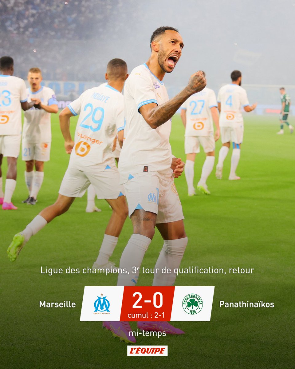 lequipe's tweet photo. L'Olympique de Marseille mène à la pause, grâce à un doublé d'Aubameyang : https://t.co/vwFFRSbd4D

#OMPANA https://t.co/FKAXzJg7fR