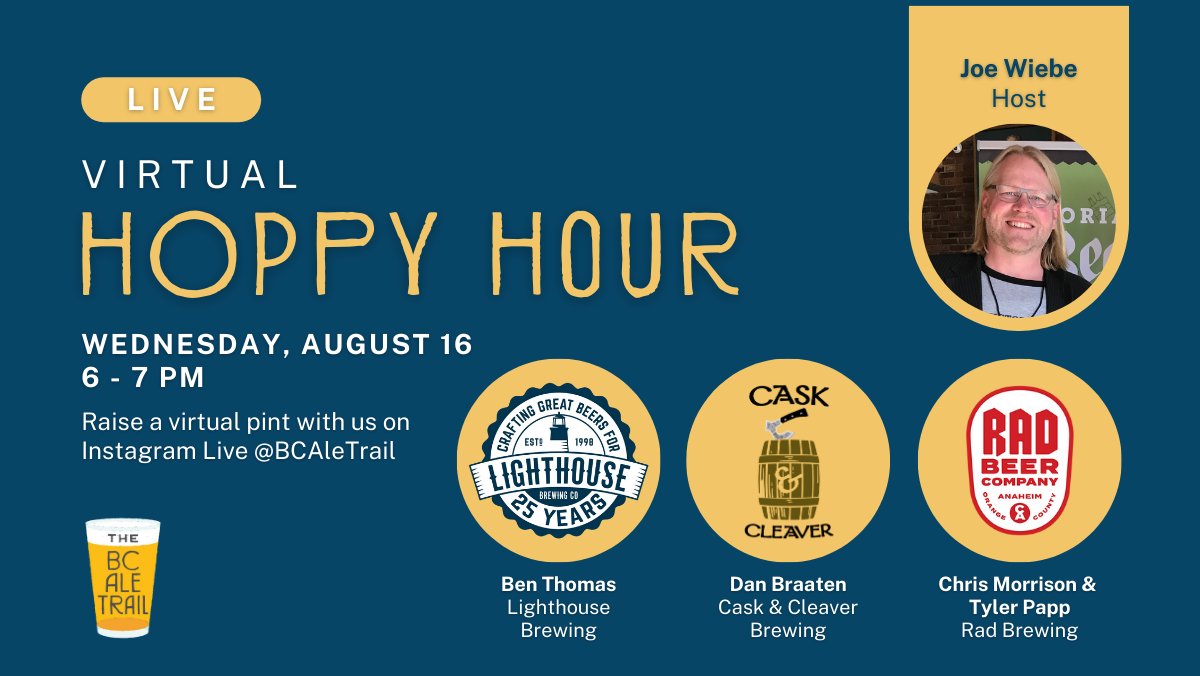 Tune in TOMORROW for our Virtual Hoppy Hour! Join @thirstywriter for a virtual pint with friends to catch up on the latest beer news. Guests are: 1️⃣ Ben from @LighthouseBeer 2️⃣ Dan from Cask & Cleaver 3️⃣ Chris and Tyler from RAD Brewing Watch here 👉 instagram.com/bcaletrail