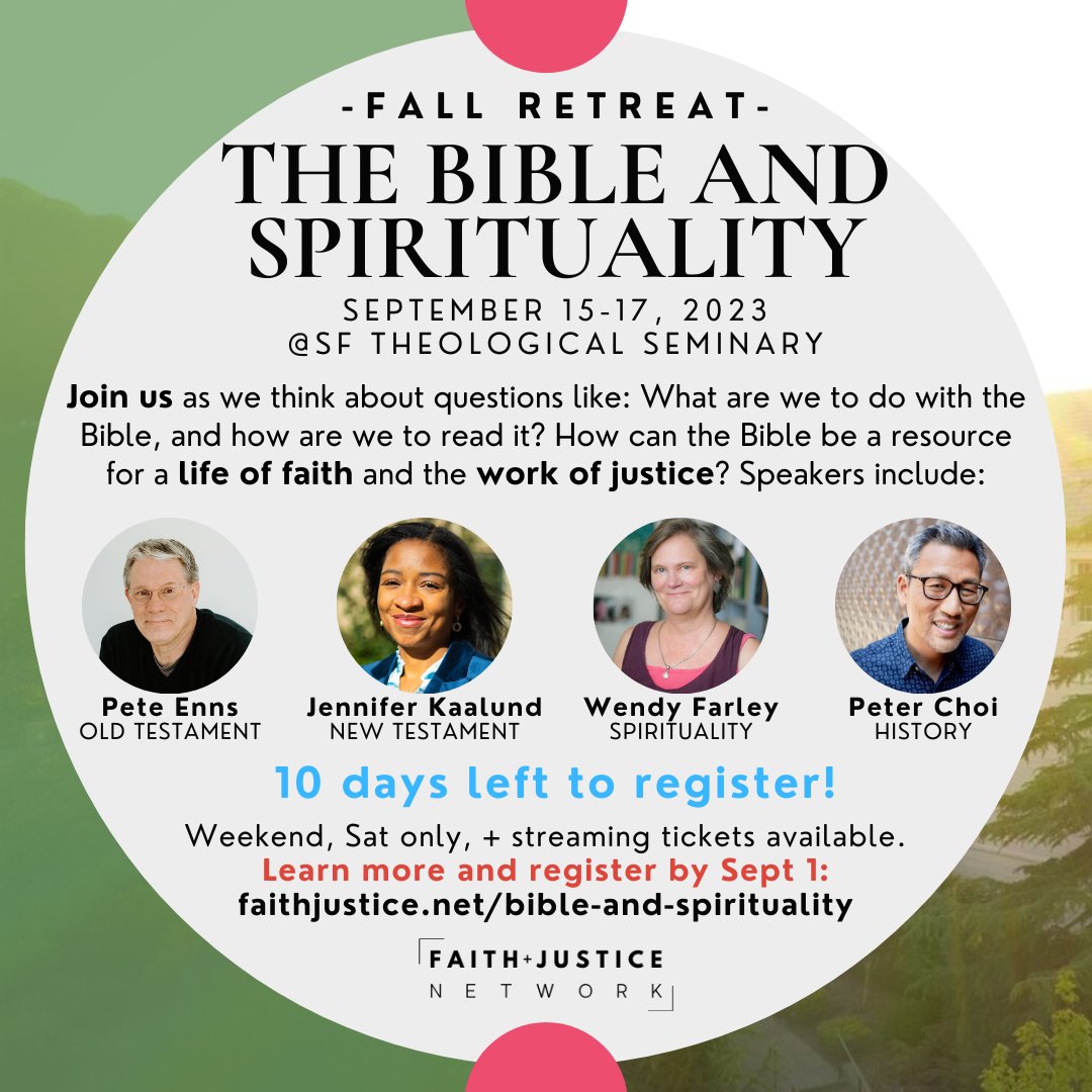 FaithJusticeNet's tweet image. TEN DAYS REMAIN to register! Join us for the F+J Fall Retreat, Sept 15-17; community, learning together (w/a great lineup of speakers), great meals &amp;amp; exploring the beautiful area on/around campus. Weekend-Sat only-streaming options avail. Register by 9/1! faithjustice.net/bible-and-spir…