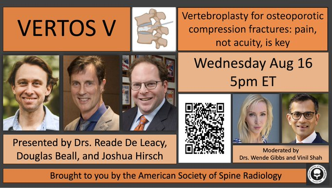 JoshuaAHirsch's tweet photo. Pleased 2 share that the data matches the exceptional appearance of the announcement @The_ASSR @WendeNGibbs prepared. VERTOS V is the first #RCT to my knowledge comparing #vertebroplasty to active sham. Excited 2 discuss! #CUTomorrow @dougbeall @rdeleacymd @MGHImaging @NeimanHPI https://t.co/QeRV45AY7U