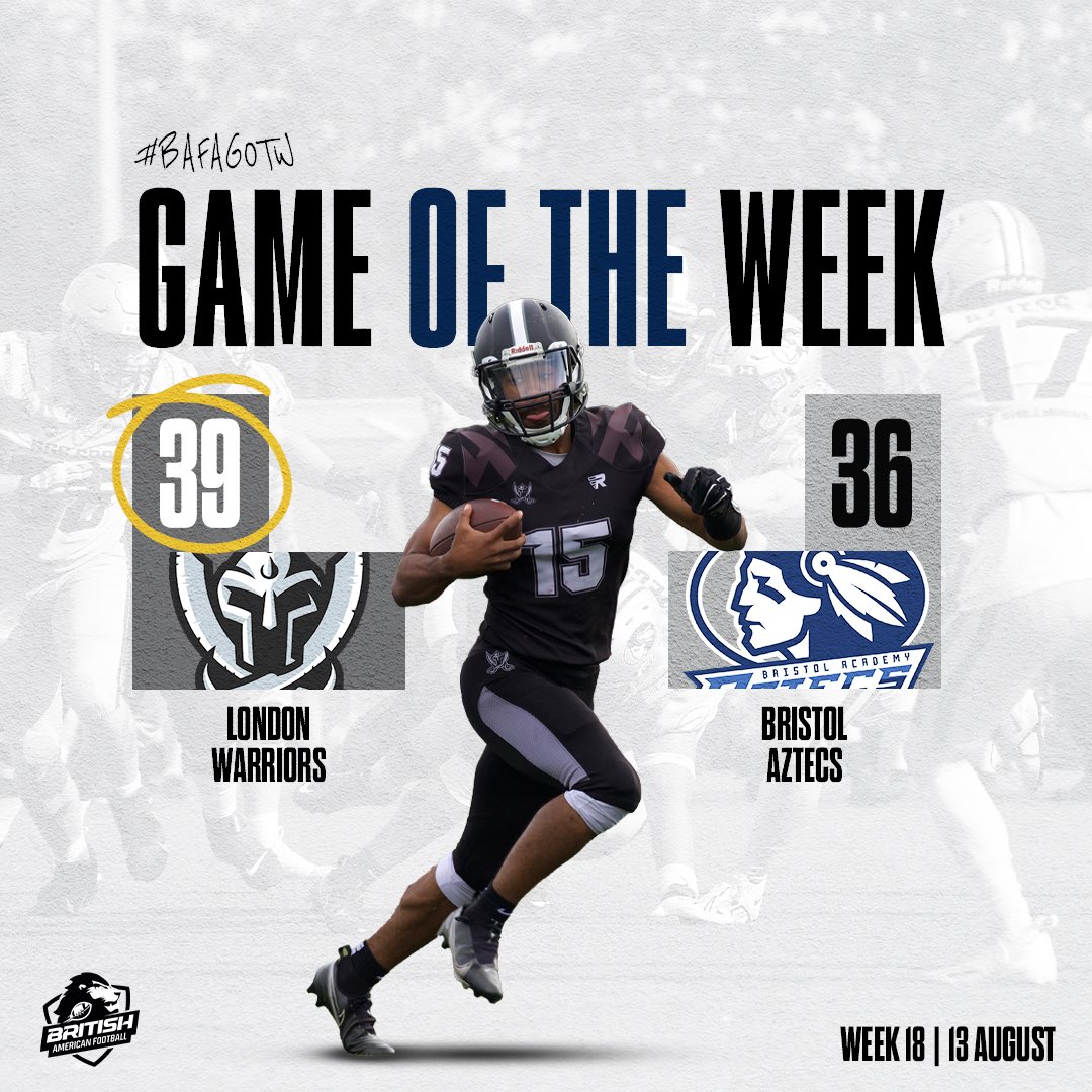 Warriors seal Southern one seed in shoot-out thriller

Dee Williams makes his second #bafaGOTW poster appearance of the year as the <a href="/LondonWarriors/">London Warriors</a> beat the <a href="/BristolAztecs/">Bristol Aztecs</a> in a 39-36 Week 18 nail-biter.

Images courtesy of Peth Watkins
#BritishAmericanFootball #RoadToBritbowl35