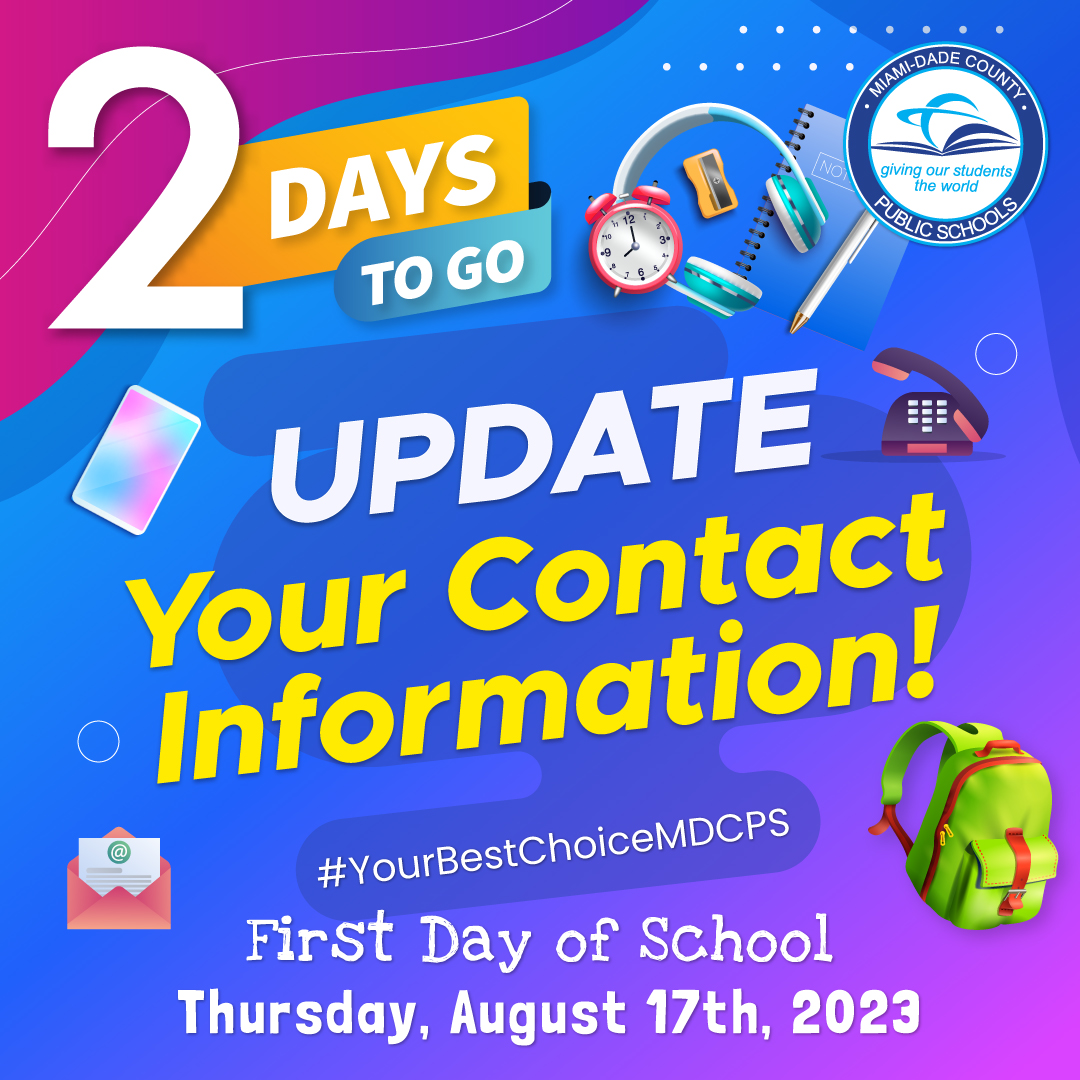 It is important that your child’s school has the most current contact information. Parents can update their details by contacting their child’s school administration. They may also opt in for emergency text messages by texting “Y” to 67587 on their mobile device. #MDCPSReady