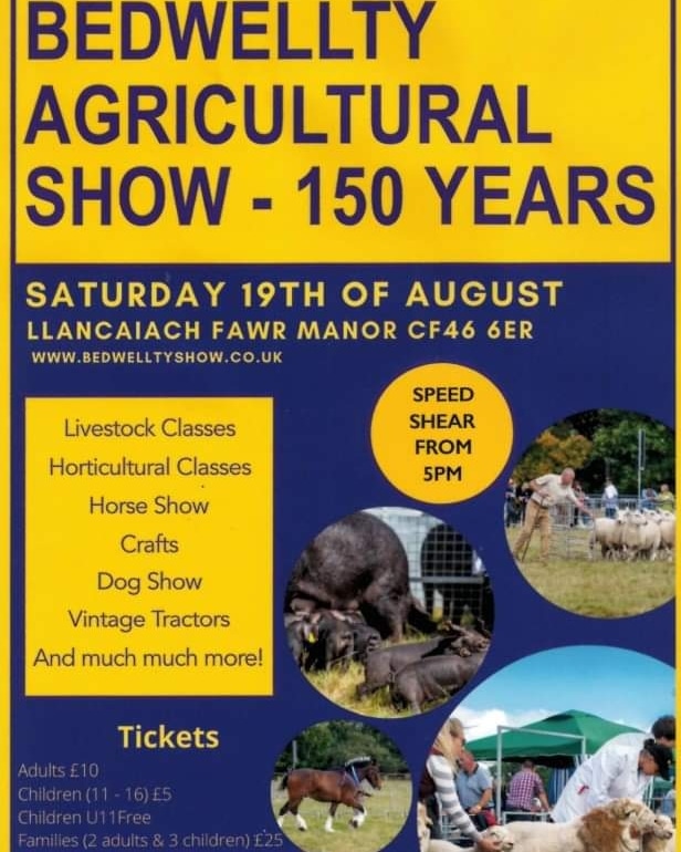 In the main ring this year - 
11:00 Bailing
11.45 Vintage Car
12.15 Hounds
13.00 Ferrets
14.00 Shearing
14:30 Sheepdog
15:15 Grand Parade
16.00 Champion of Champions
16.30 Vintage Car
17:00 Tug of War

Static Falconry Display / Tractor Display

#BedwelltyAgriculturalShow2023