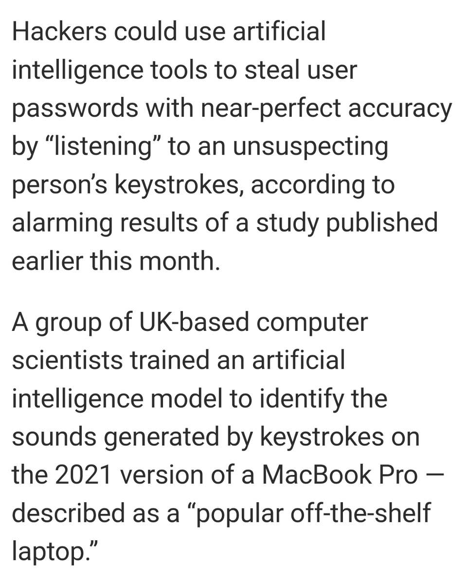but75455972's tweet photo. #AI can steal #passwords with 95% accuracy by ‘listening’ to #keystrokes
#CyberAttack, called “#acoustic side channel attack," using a nearby #smartphone or even though your #laptop’s microphone during a @Zoom #videoconference
#ChicagoScanner
#hackers
https://t.co/EaOw1wQmba https://t.co/2HYytH3tk1