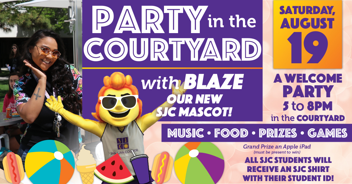 SanJuanCollege's tweet photo. Hey SJC Suns! Let's celebrate the new year with a Welcome Party! SJC students, staff, faculty, and their families are invited to join the fun. There will be FREE food, music, games, and prizes. #SanJuanCollege #IAMSJC #FeelTheHeat https://t.co/YH85TozTOa