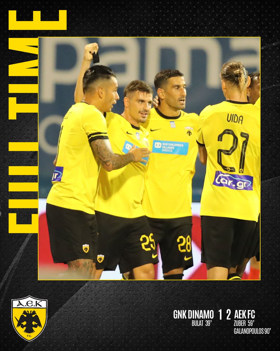 AEK_FC_OFFICIAL's tweet photo. Λήξη του αγώνα: Ντιναμό Ζάγκρεμπ – ΑΕΚ 1-2! Η ομάδα μας, με ανατροπή, παίρνει τη νίκη σε μια βραδιά στην οποία… δεν μπορούσε να γίνει αλλιώς! 
#gnkdinaek #aekfc #aekfcseason2023_2024 #UCL https://t.co/9iLReLmLGK