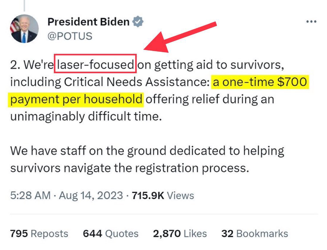 It's astounding how we provided Maui (a part of the US) with $1.5M in aid, roughly $700 per household, while simultaneously granting Ukraine $200M in assistance on the same day. Some theories suggest that the fires might have been triggered by a DEW (Direct Energy Weapon, also