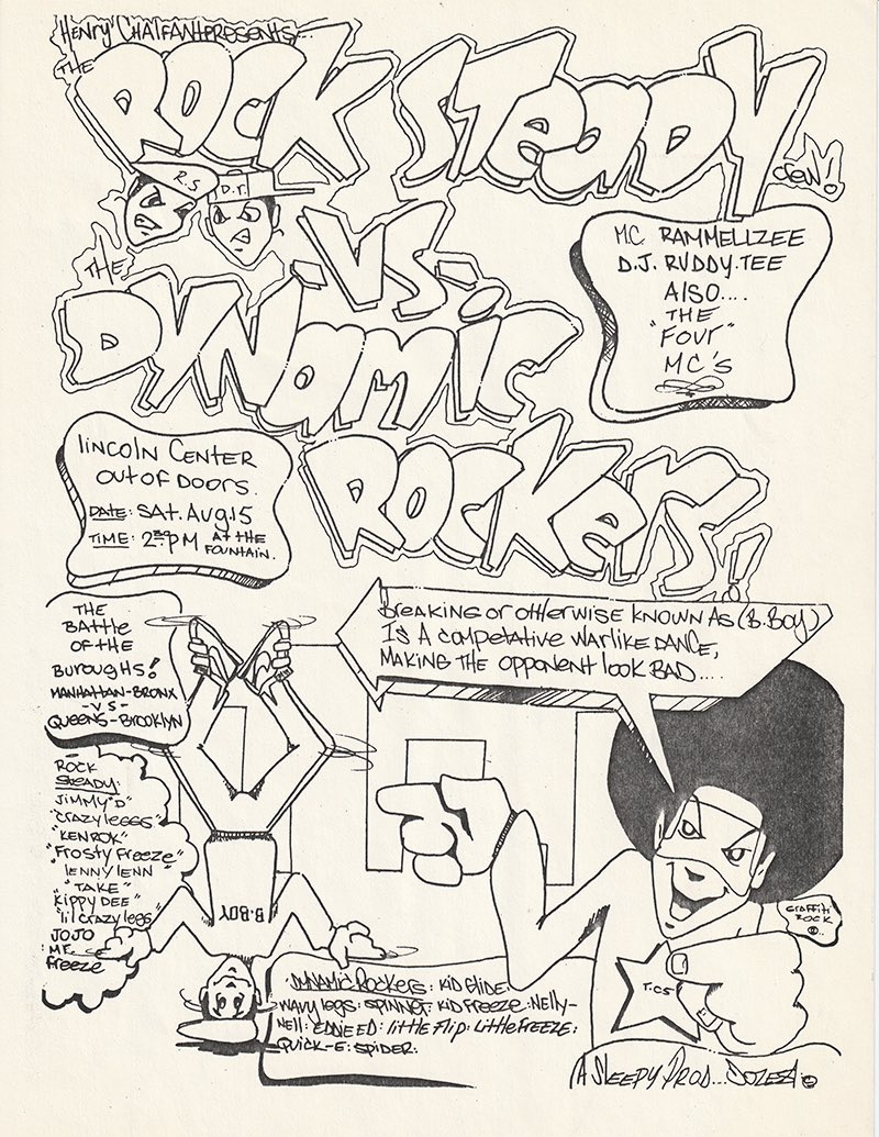 koerod's tweet photo. ⚡️42 YEARS AGO TODAY⚡️

This battle was one for the ages and was partially immortalized in the "Planet Rock" music video as well as Michael Holman's 1981 production "Catch A Beat."  Flyer by ⚡️RSC⚡️and #Graffiti great @dozegreen 👊🏼

#HipHop50 #HipHopCulture #Breaking #Bboy #1981 https://t.co/BzXJ0qWg02