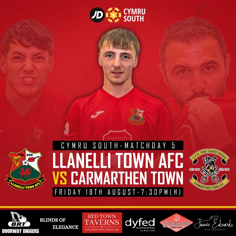 LlanelliReds's tweet photo. ⚽| Reds Return to Stebo!

This Friday we face Carmarthen Town at Stebonheath Park!

⚽ Kick Off 7:30pm
🎟️ U16 go FREE with paying adult!
🍻 £3 pints in the Jock Stein Lounge
🌭 Fatty Lewis Hotdog Co

Match Preview &amp; Interview with Calum Bateman 👇