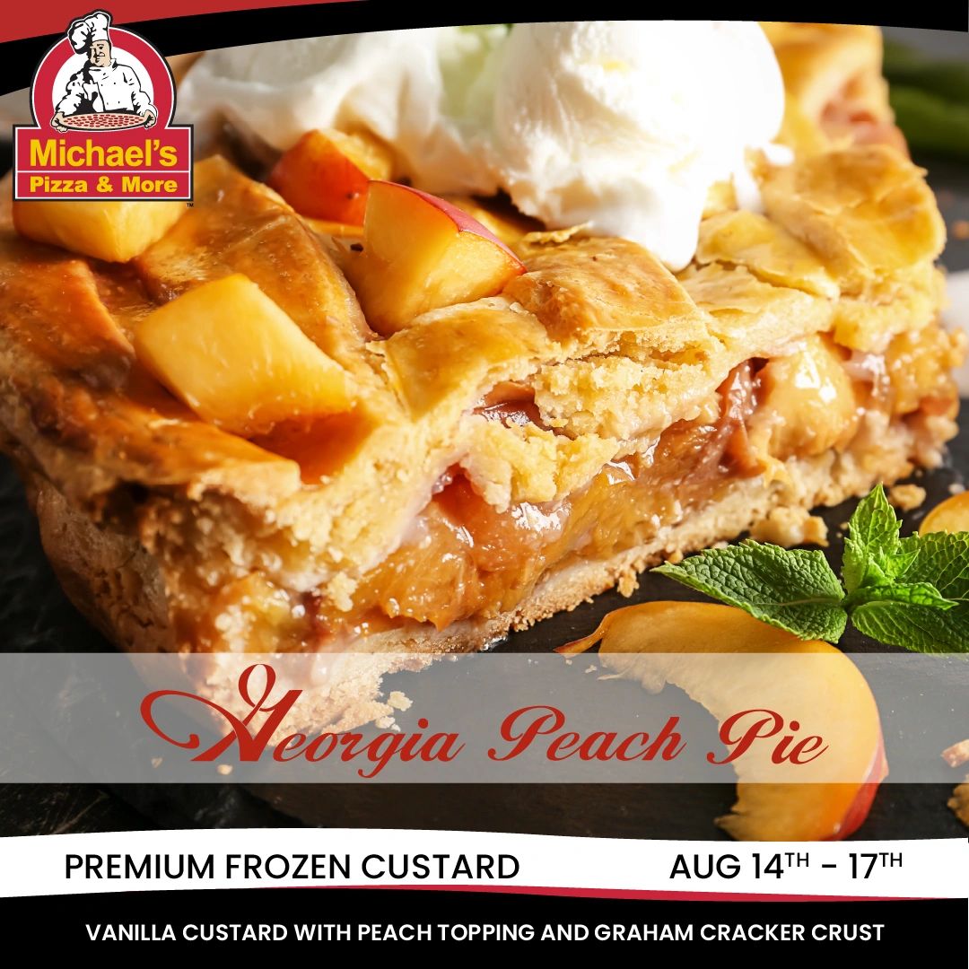 MichaelsPizzaTN's tweet photo. Calling all frozen custard lovers! 📢🍦 Our August Custard Calendar is here, featuring 10 additional flavors alongside our classic vanilla and chocolate. Don't miss out on the refreshing taste of our Georgia Peach Pie Frozen Custard. Call (931) 358-6161 to satisfy your cravings! https://t.co/h5oMkEKc6r