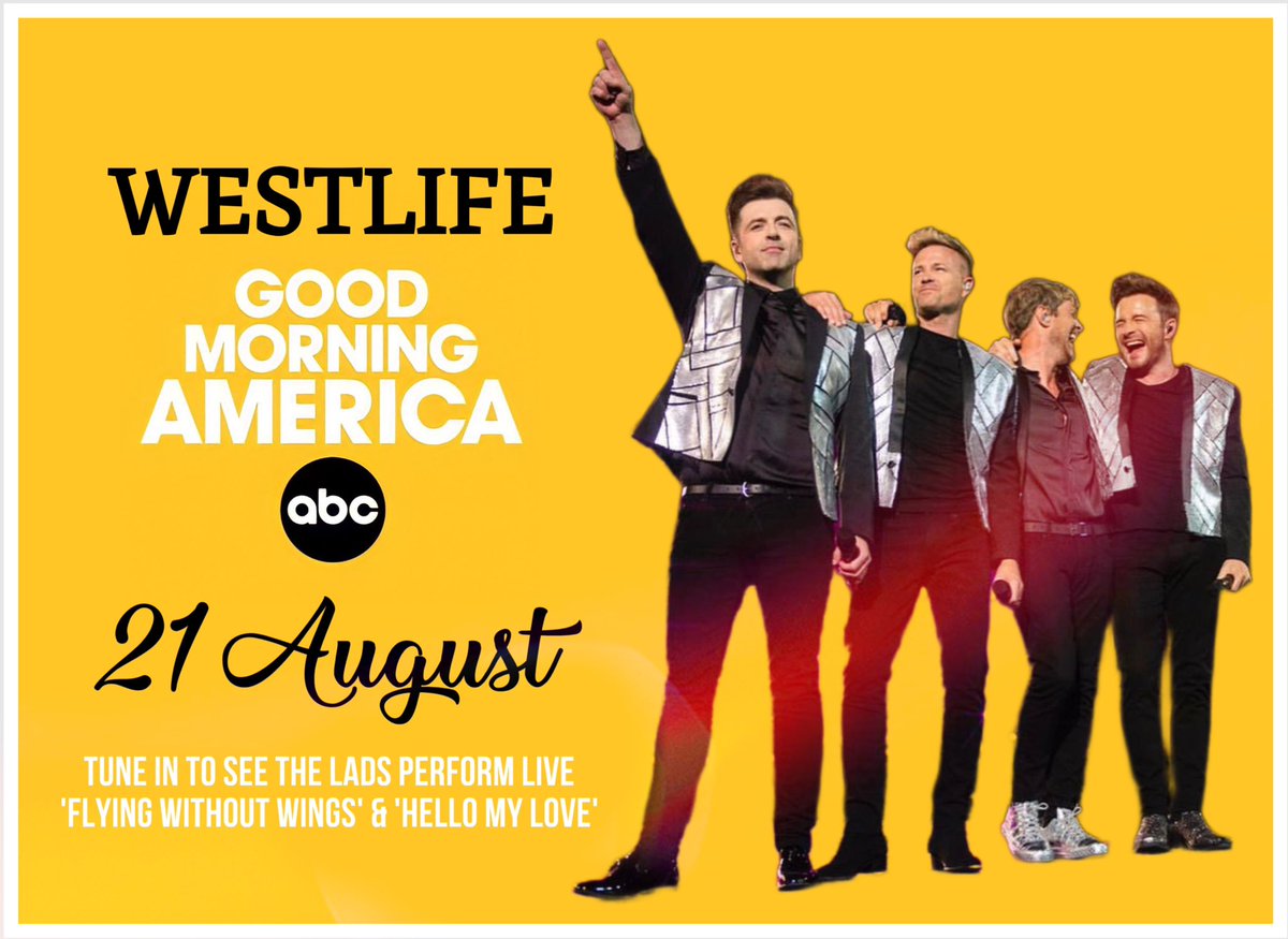 📺Tune in to @GMA on @ABC next Monday August 21st from 7am ET, as @westlifemusic will be performing live ‘Flying Without Wings’ and ‘Hello My Love’ ahead of their newly announced American tour dates. 🤩♥️ ☘️🕺🏻🕺🏼🕺🏼🕺🏻☘️ @MarkusFeehily @KianEganWL @NickyByrne @ShaneFilan #westlife