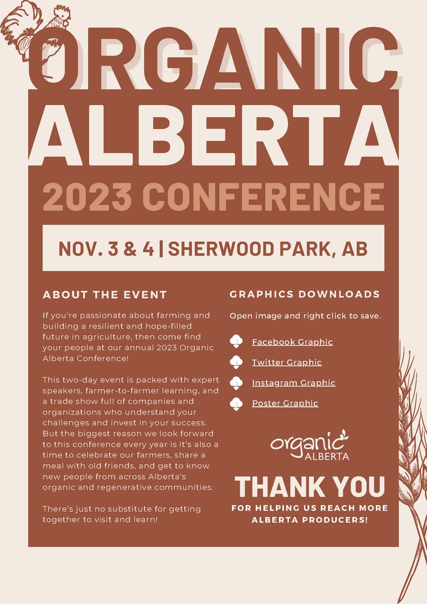 Don't miss out on the 2023 Organic Alberta Conference! Get inspired by renowned speakers Dr. Melissa Arcand, Cody Straza, Dr. Dave Sauchyn, and more! Grab your tickets for a weekend of sustainable ag innovation, knowledge-sharing, and networking. TICKETS: organicalberta.org/conference/