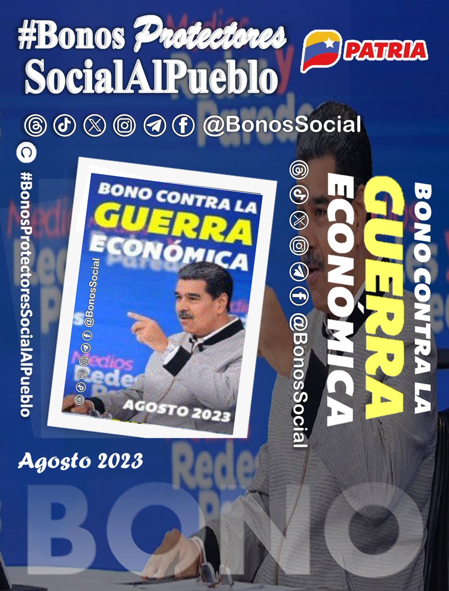 🚨 #AHORA: Inicia la entrega del #BonoContraLaGuerraEconómica (agosto 2023) a través del Sistema <a href="/CarnetDLaPatria/">Carnet de la patria</a> enviado por nuestro Pdte. <a href="/NicolasMaduro/">Nicolás Maduro</a>.

📌 Para los funcionarios y funcionarias (activos)

✅ Monto en Bs. 945,00

<a href="/BonosSocial/">Bonos Protectores Social Al Pueblo</a> 
#InnovarParaCrecer