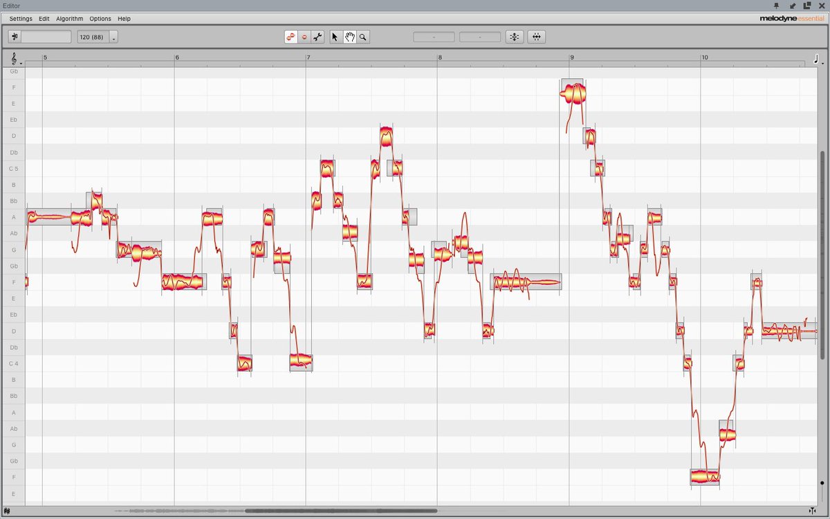 kevyandrews's tweet photo. @Komaniecki_R downloaded the video, isolated the vocals, and put it into melodyne; it definitely looks like there was pitch correction. every single note-center is centered, and every in-between note is also centered exactly in the middle of a note.

so, yes, and likely also a good take too! https://t.co/TWgEABnPXA